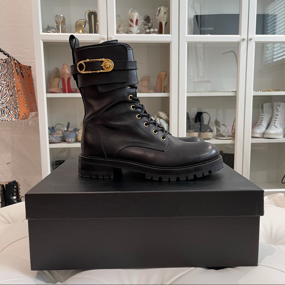 SOLD🚫VERSACE Leather Safety Pin Combat Boots, 40 10 - Picture 5 of 13